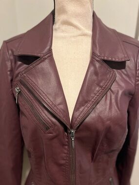 White House Black Market Burgundy Faux Leather Moto Jacket